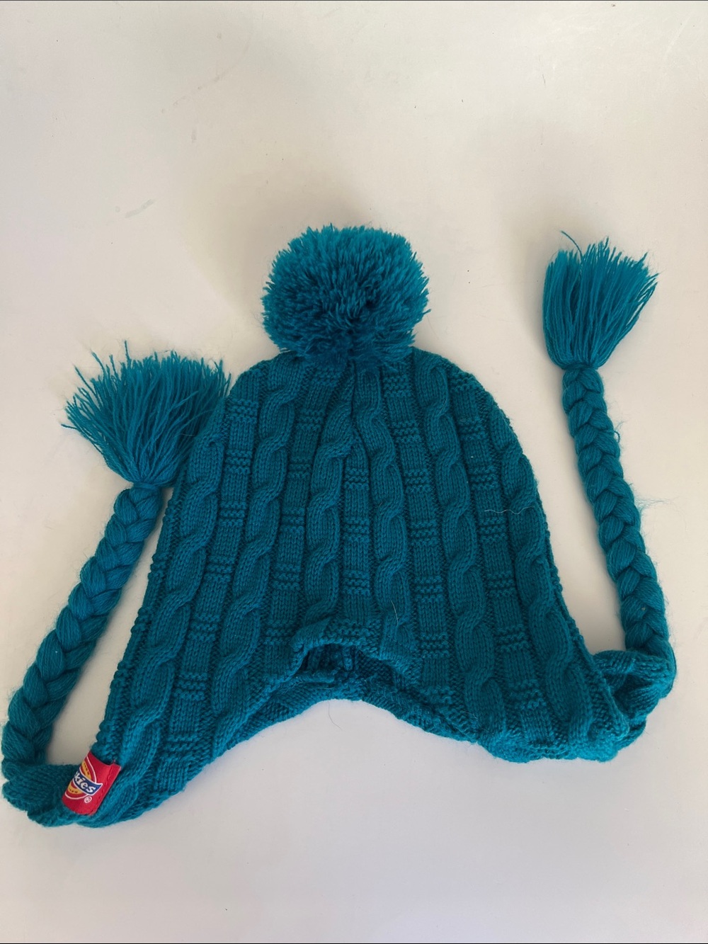 Dickies Teal Cable-Knit Pom Pom Earflap Hat Toque